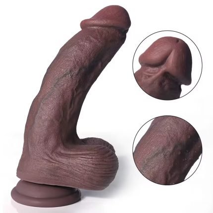 9.4 Inch Realistic Soft Coffee Color Liquid Silicone Vein Texture Suction Cup Dildo